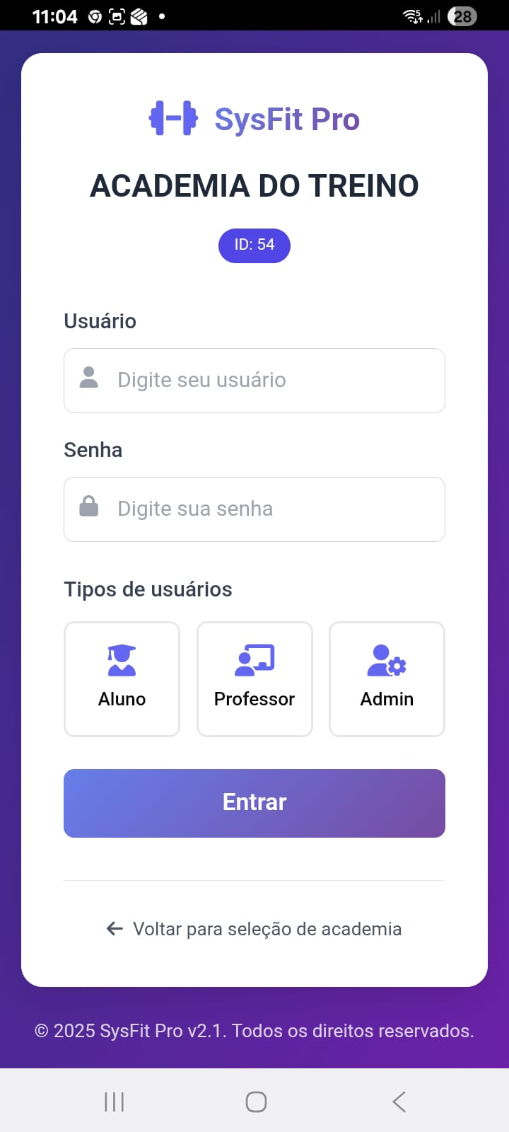 Tela do App SysFit Mobile